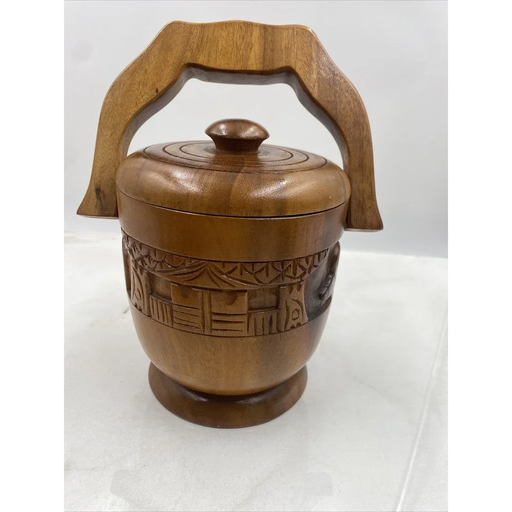 Vintage Ice Bucket Teak Wood Hand Carved VILLAGE Made in Philippines HANDLE
